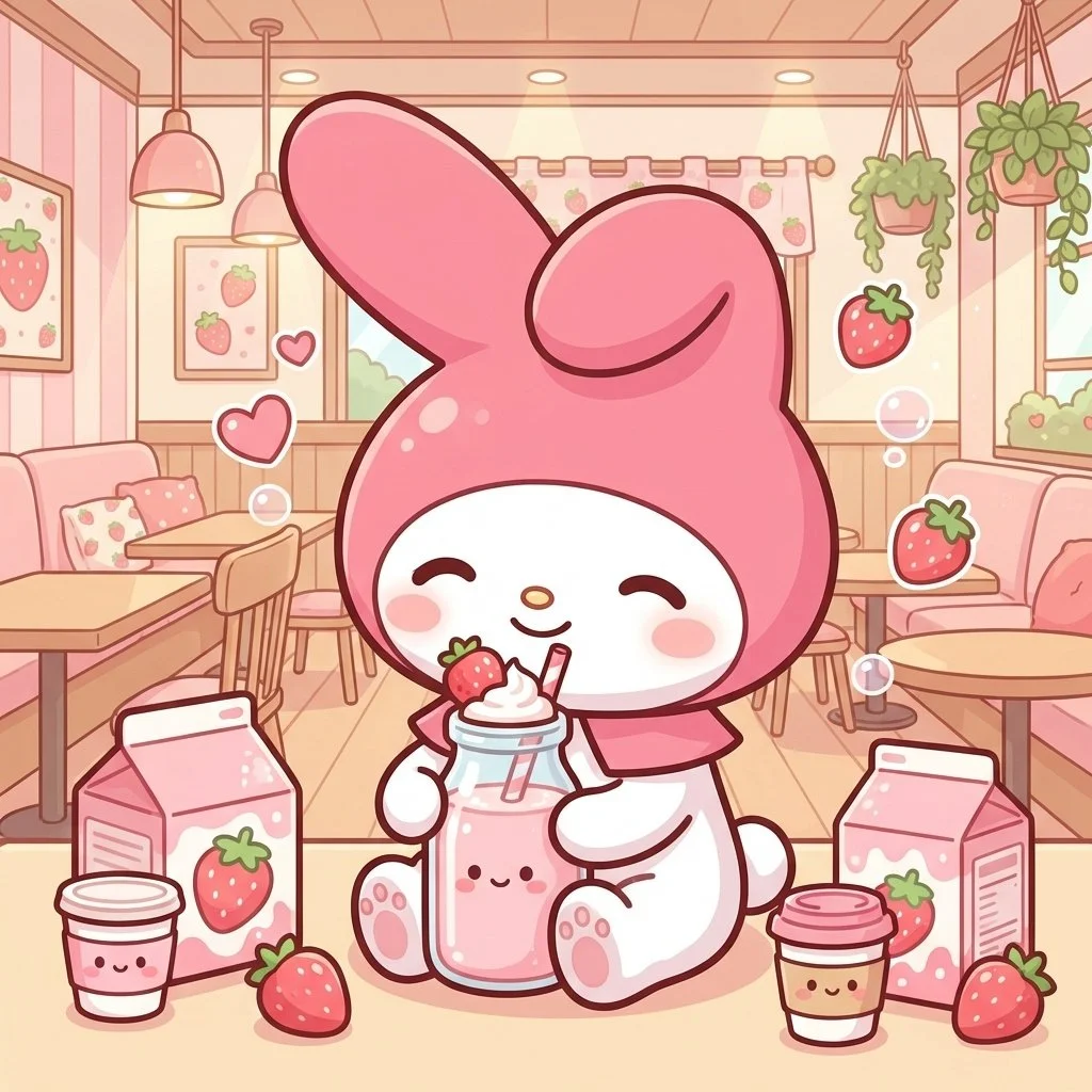my-melody-pfp-strawberry-milk-drink-pink-beverage-kawaii Strawberry milk My Melody pfp with pink beverage theme and kawaii drink aesthetic for cute TikTok and Discord avatars
