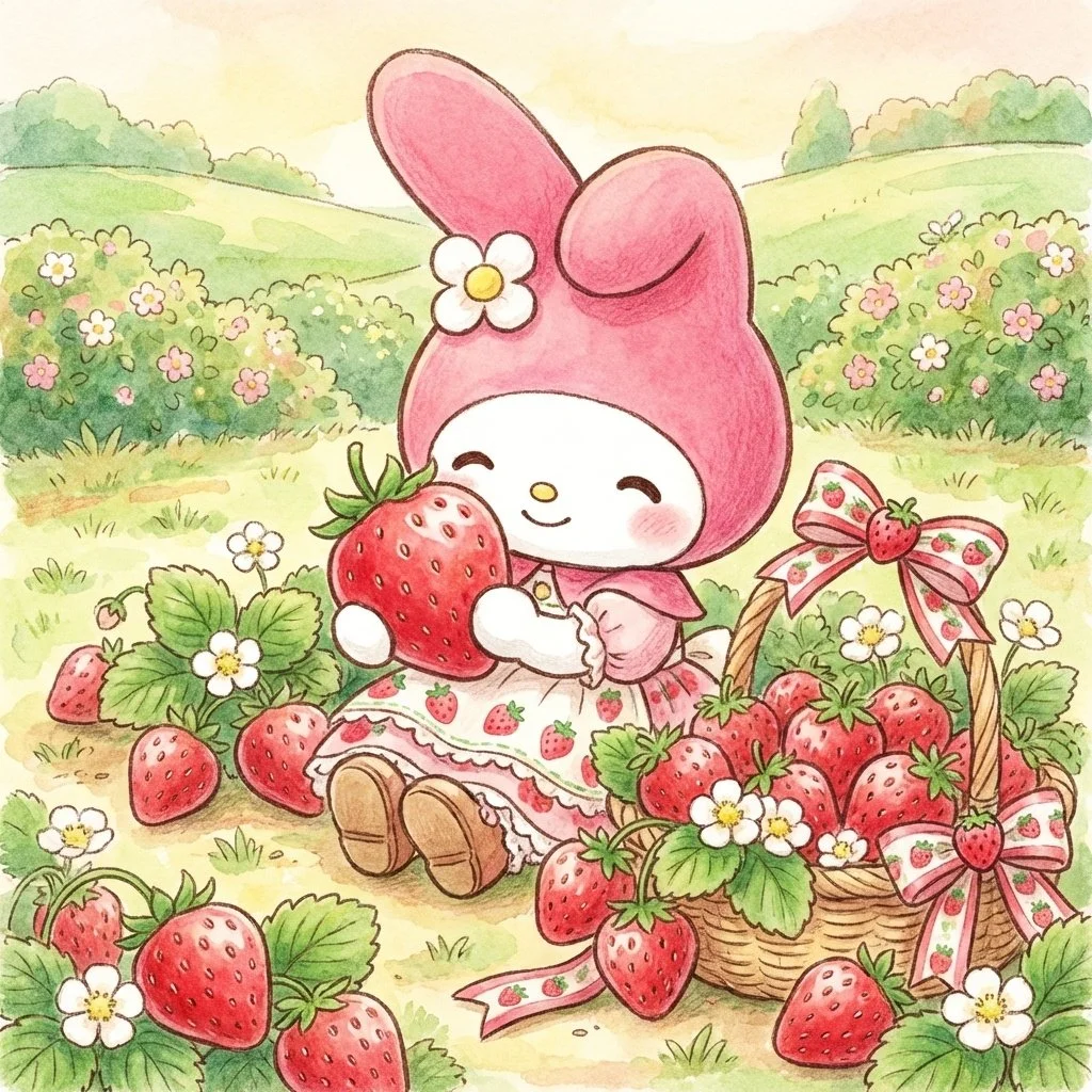 my-melody-pfp-strawberry-pink-berry-fruit-theme-aesthetic Strawberry themed My Melody pfp with pink berries and sweet fruit aesthetic perfect for cute Instagram profile avatars