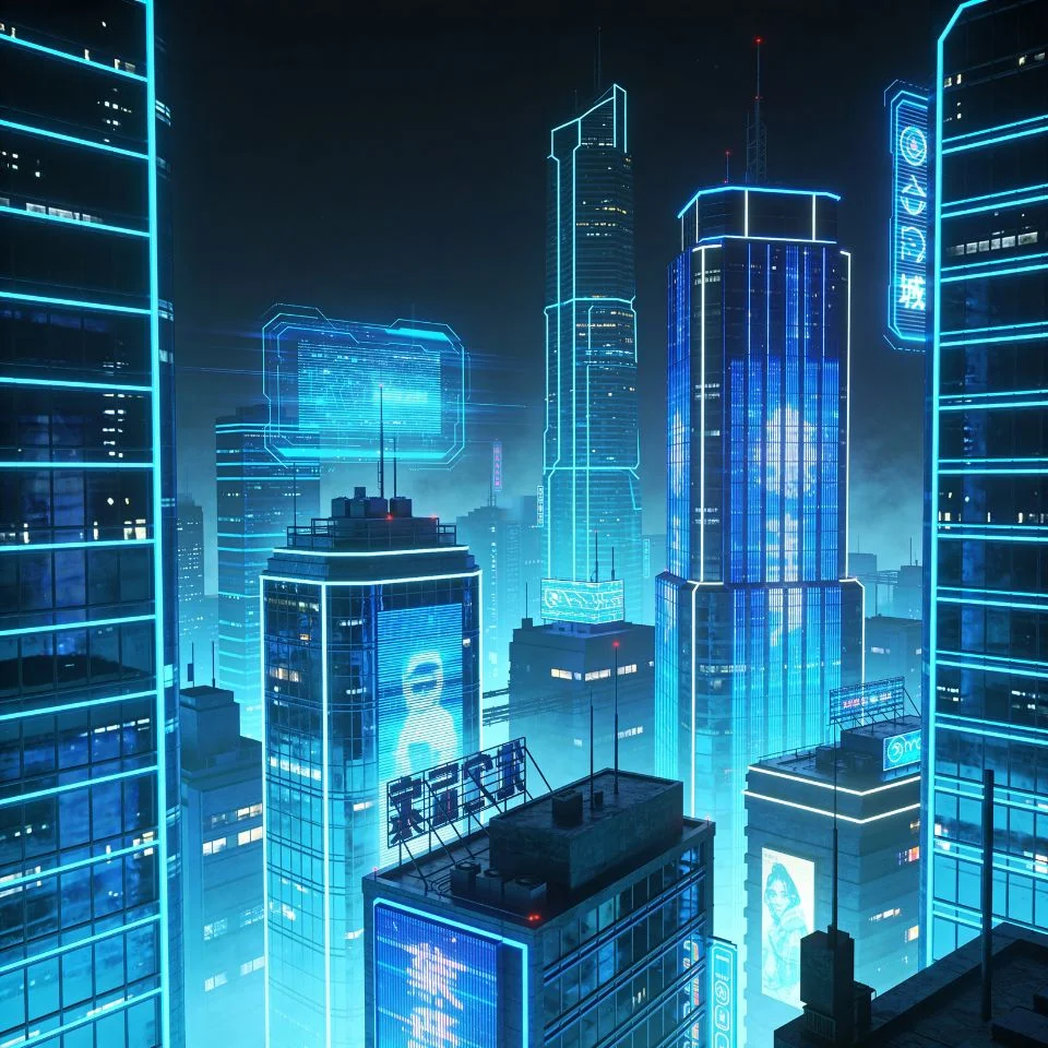 Neon blue cyberpunk city pfp with glowing skyline and futuristic buildings ideal for tech TikTok and Discord avatars
