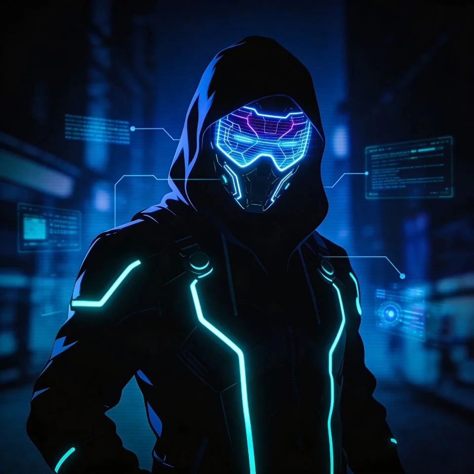 Neon blue cyberpunk mask pfp with anonymous hacker aesthetic and glowing effects for edgy Discord and gaming avatars