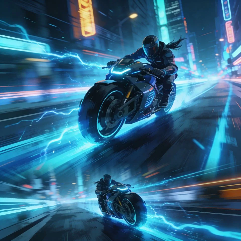 Neon blue cyberpunk motorcycle pfp with speed motion effects and futuristic rider for dynamic Discord and gaming avatars