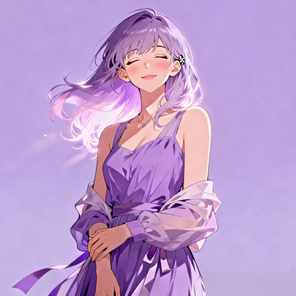 Pastel purple anime girl pfp with soft lighting and gentle smile for aesthetic Discord and Instagram avatar
