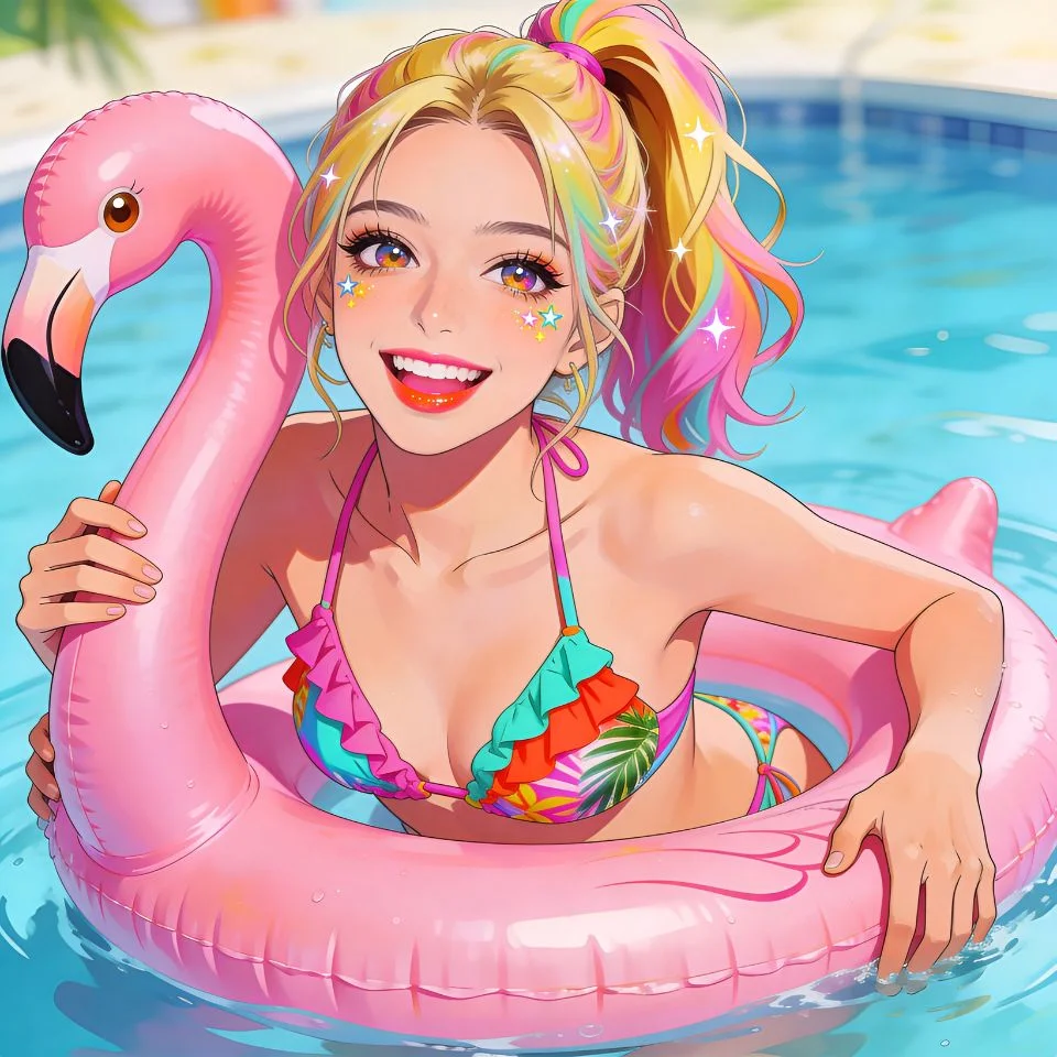 preppy-summer-pfp-beach-pink-flamingo-float-fun Preppy summer pfp with pink flamingo float and fun beach aesthetic ideal for colorful TikTok Discord profile pictures