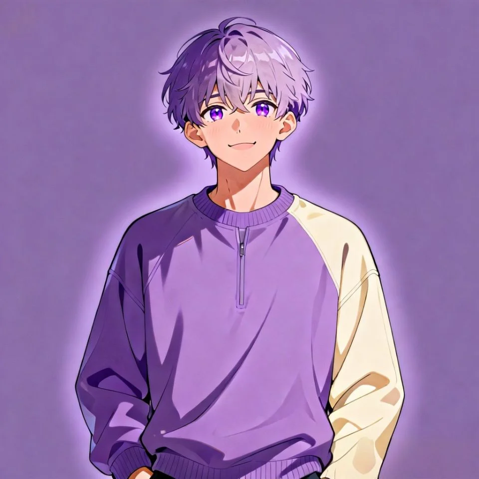 Gentle purple anime boy pfp with soft smile and warm expression for friendly Discord and Instagram avatar