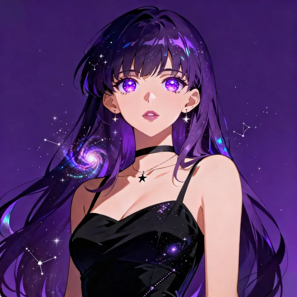 Aesthetic purple anime girl pfp showing galaxy-themed violet eyes with cosmic sparkles for Instagram profile picture