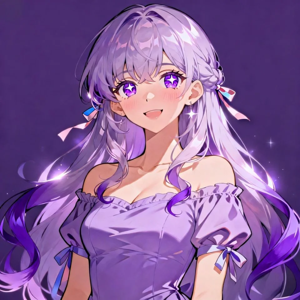 Cute anime girl pfp with pastel lavender purple hair and sparkling violet eyes perfect for Discord and TikTok profiles