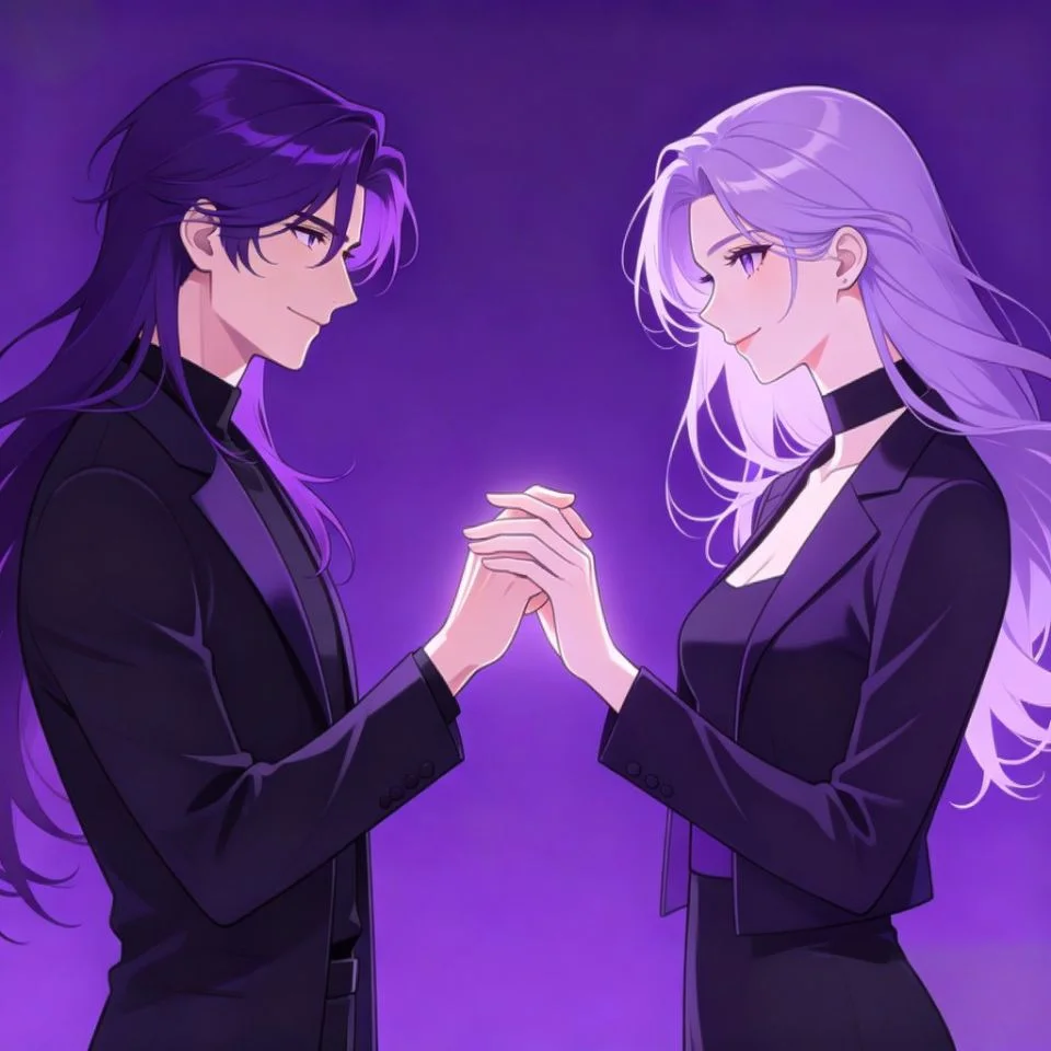 Matching purple couple pfp with anime characters holding hands for romantic Discord and Instagram avatars