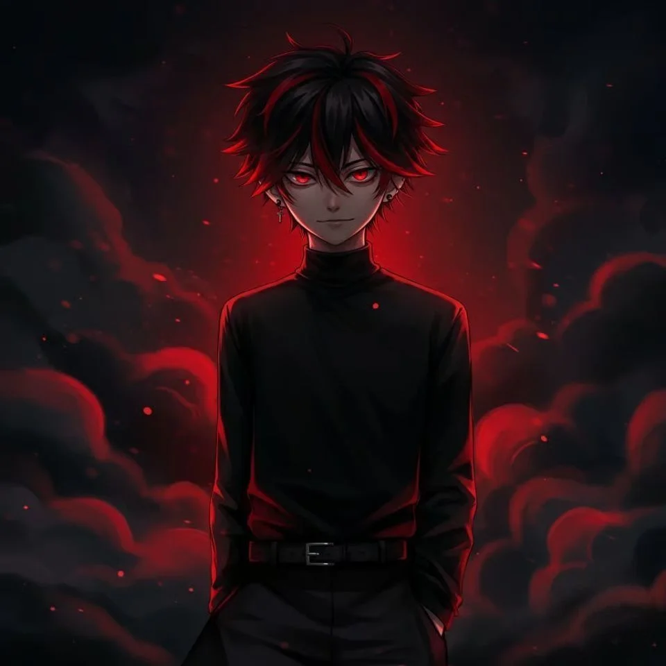 Edgy mysterious red anime boy pfp with dark aesthetic perfect for Discord and gaming profile avatars