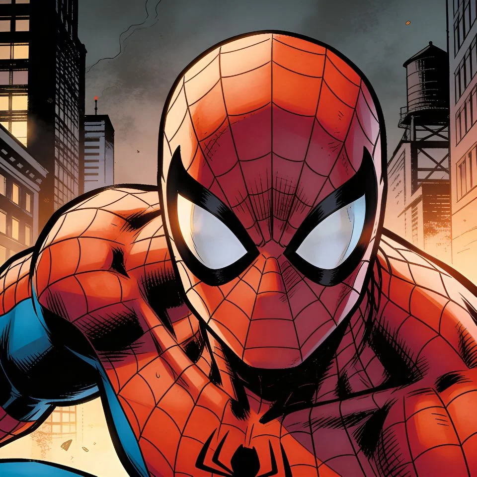 Retro spider man comic pfp with close-up mask and halftone dots pattern for vintage aesthetic Instagram profiles