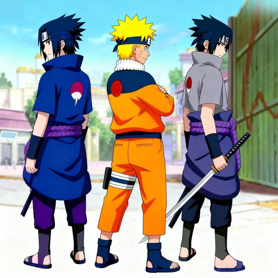 sasuke-naruto-matching-pfp-back-to-back-rivals-aesthetic Sasuke and Naruto matching pfp standing back-to-back as rivals creating aesthetic coordinated Instagram profile pictures