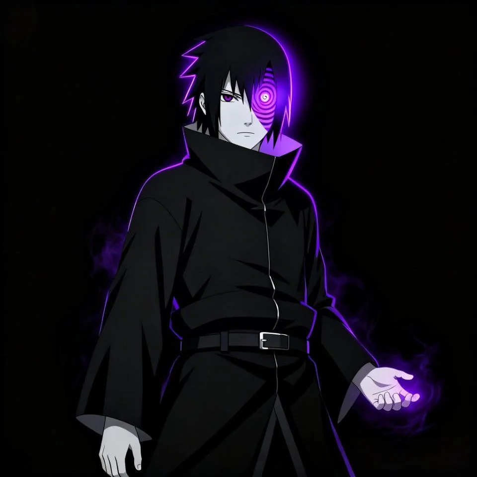 sasuke-pfp-rinnegan-glowing-purple-dark-aesthetic Sasuke pfp with glowing purple Rinnegan creating dark aesthetic atmosphere ideal for mysterious Instagram profile pictures