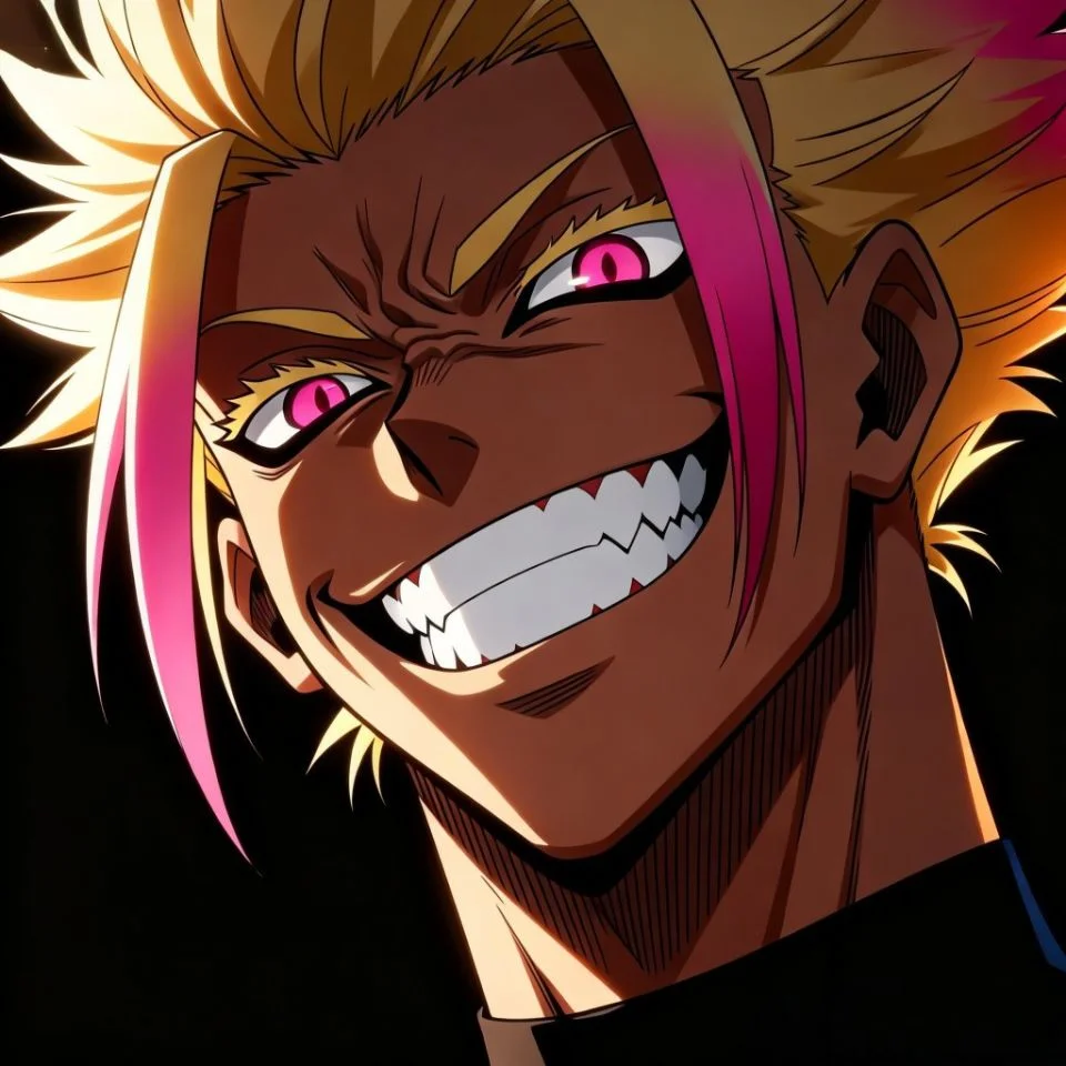 Close-up anime shidou pfp featuring maniacal grin with visible teeth and wild expression for bold Discord profile pictures