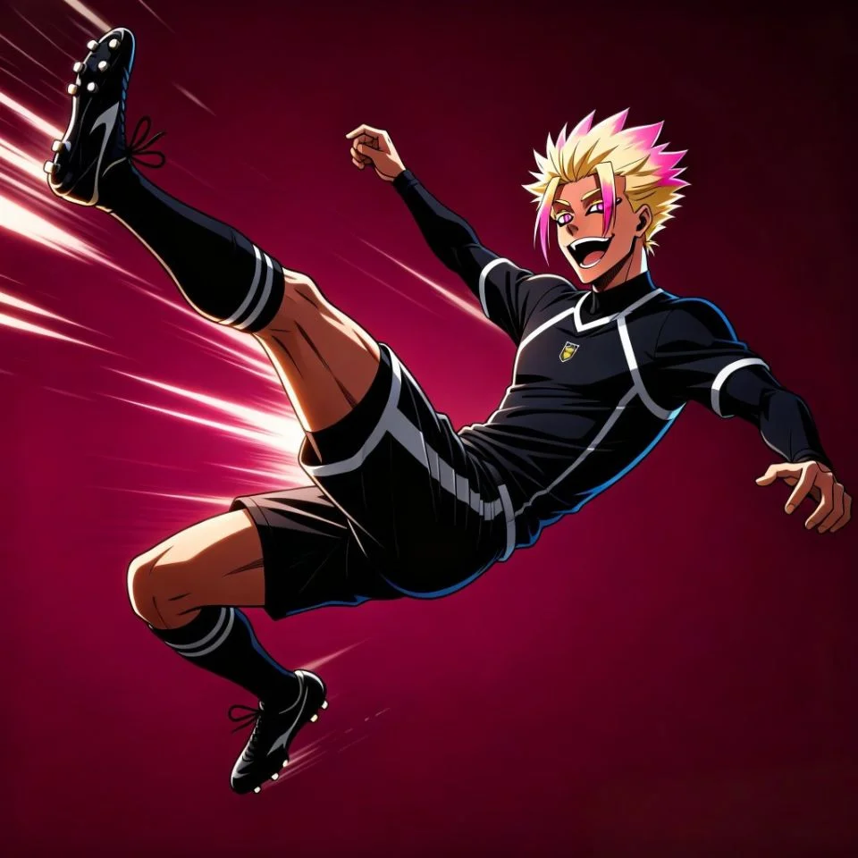 Acrobatic shidou pfp showing mid-air goal celebration after bicycle kick with explosive joy for Instagram athletic avatars