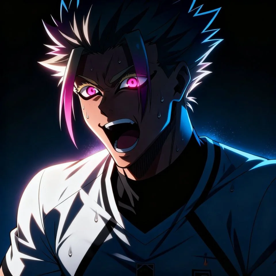 Intense shidou pfp from colored manga panel showing goal-scoring moment with dramatic stadium lighting and expression