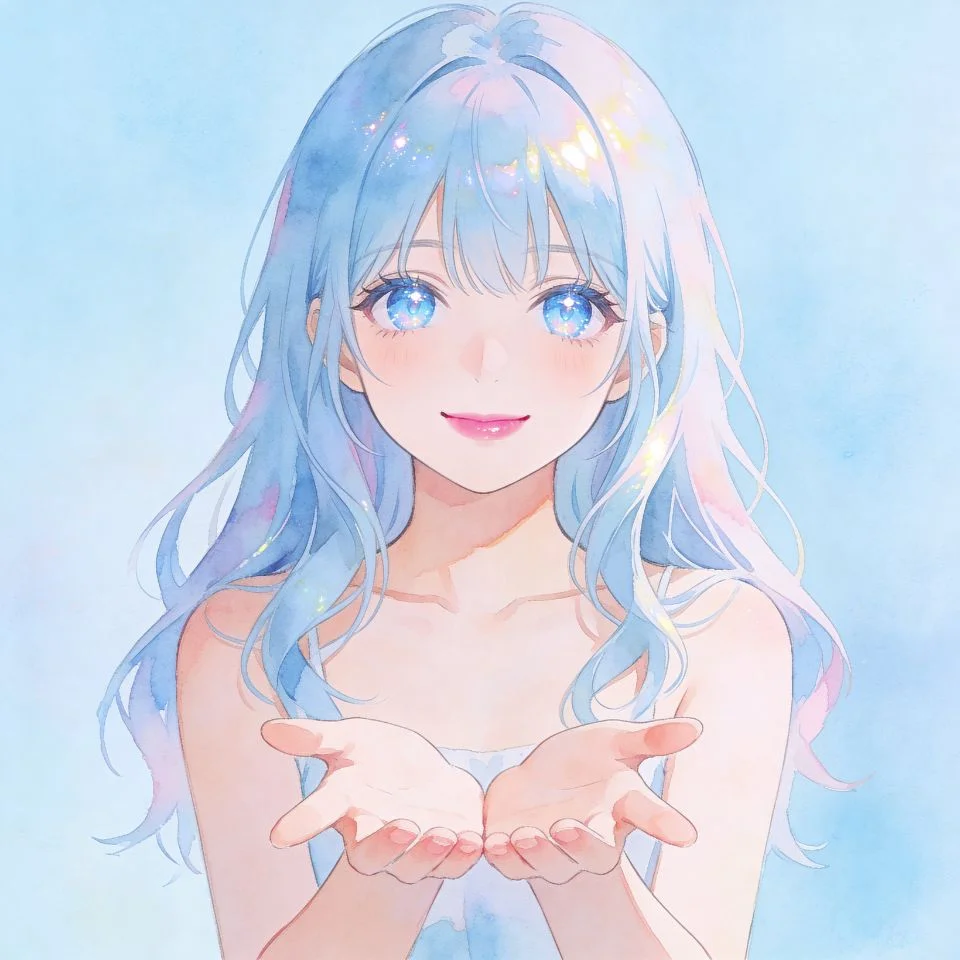 Soft pastel blue anime girl pfp with gentle smile and light blue tones ideal for kawaii Discord and TikTok avatars