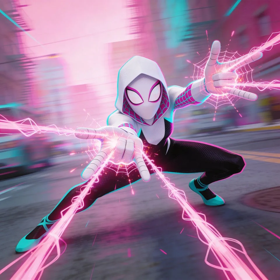Dynamic Spider-Gwen pfp shooting pink energy webs in action pose perfect for gaming Instagram profile pictures