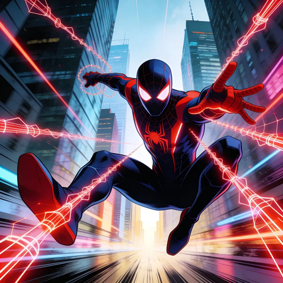 Dynamic Spider-Man 2099 pfp with neon web trails and futuristic action pose for bold TikTok and Instagram avatars