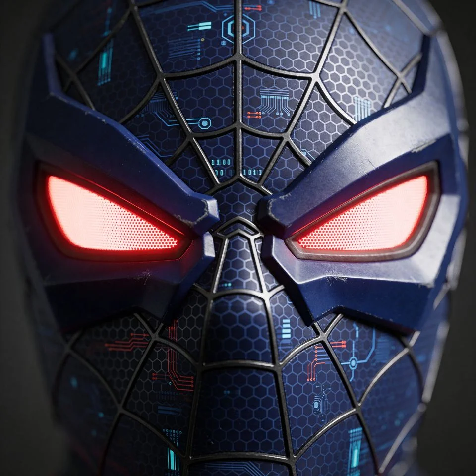 Close-up Spider-Man 2099 pfp showing mask with digital texture and cyberpunk details for artistic Discord profiles