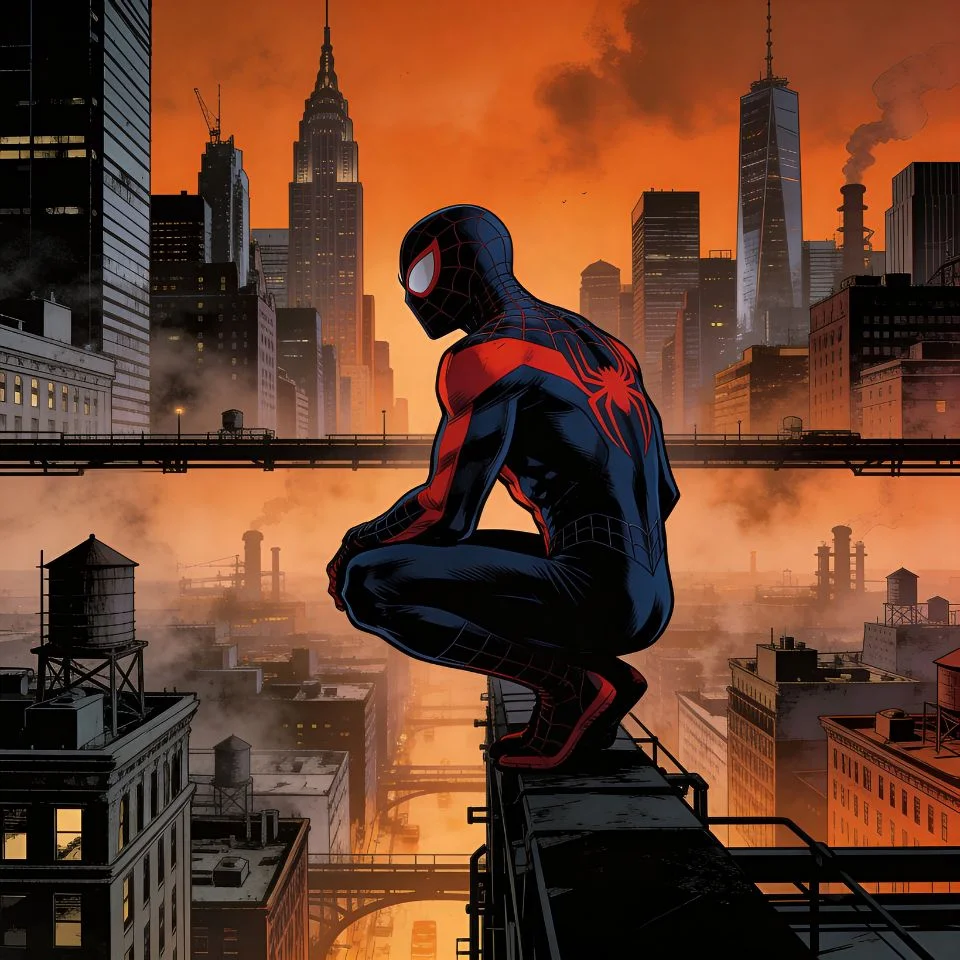 Spider-Man 2099 pfp in dystopian city with vertical composition and atmospheric smog for moody gaming avatars