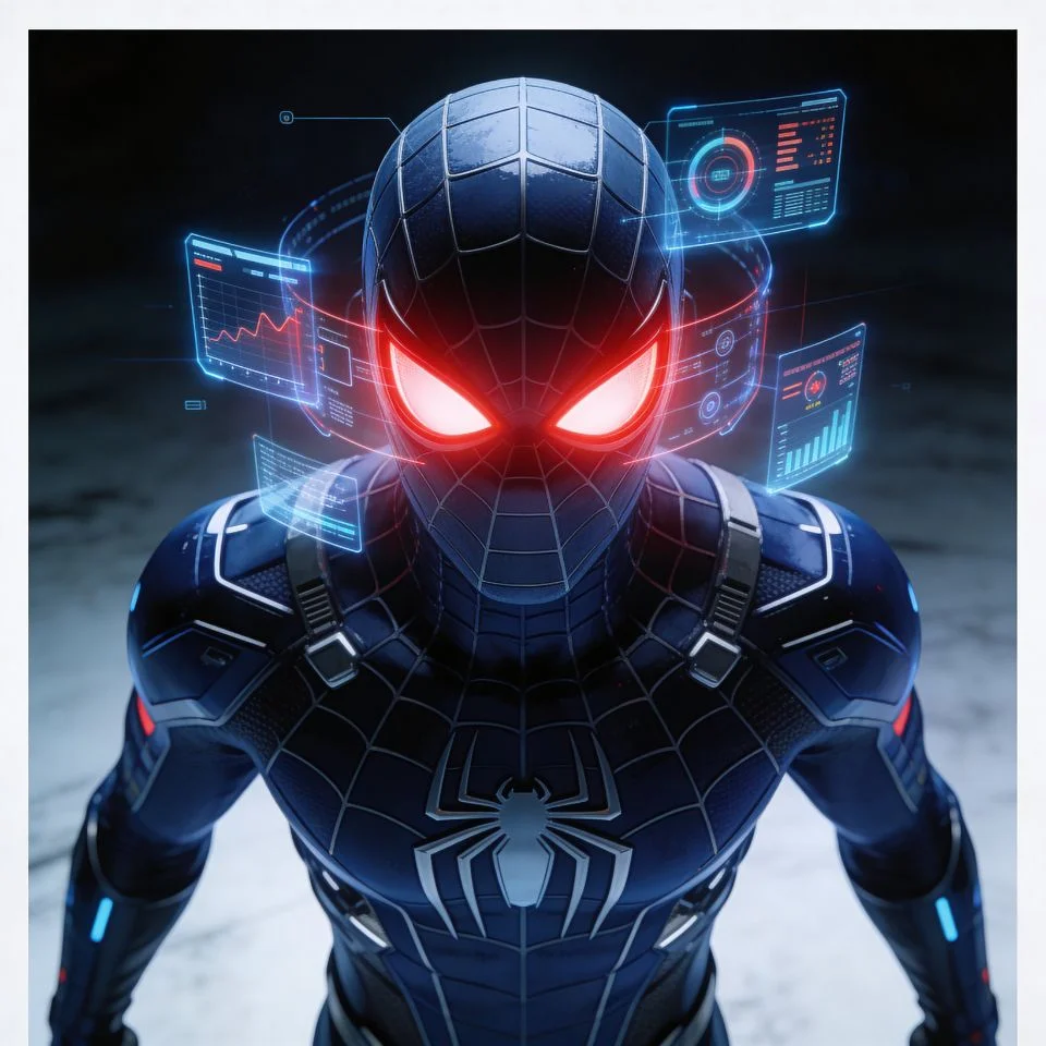Spider-Man 2099 pfp with glowing red eyes and holographic interface for tech-focused gaming profile pictures
