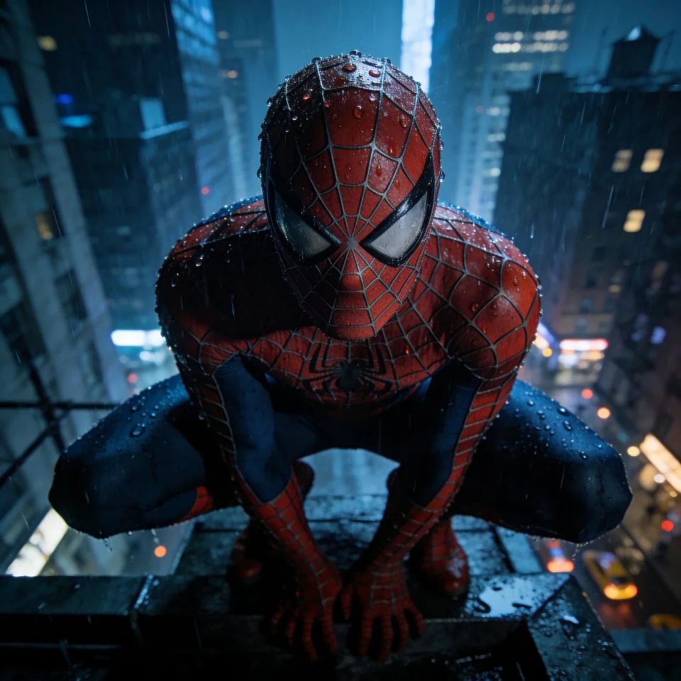 Aesthetic spider man pfp on rainy rooftop with moody blue lighting and reflections for cinematic Discord profiles