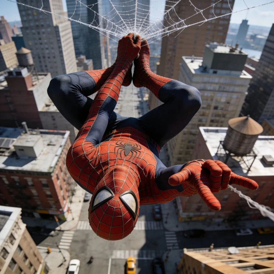 Creative aesthetic spider man pfp hanging upside down from web with artistic composition for unique TikTok profiles