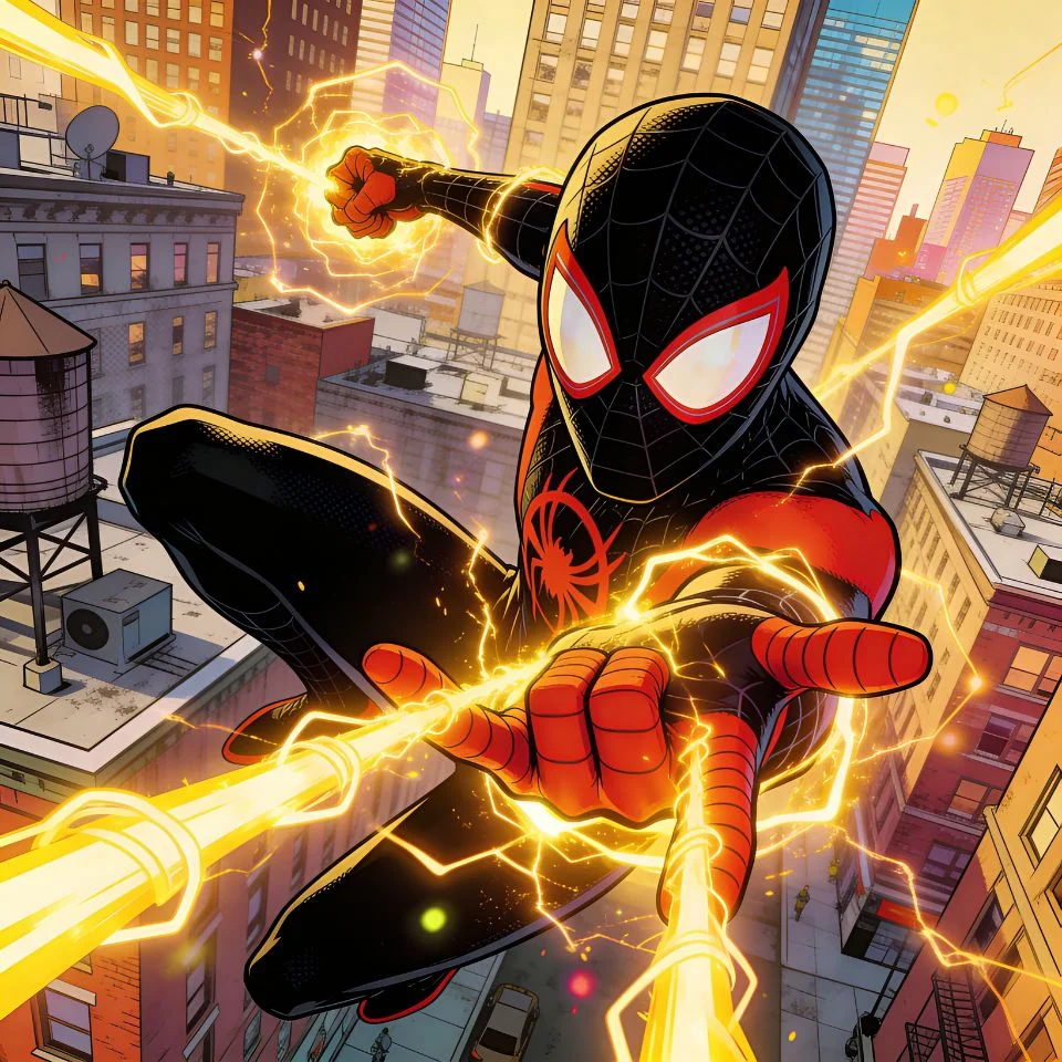 Spider man pfp showing Miles Morales with glowing yellow venom strike powers perfect for gaming and Instagram avatars