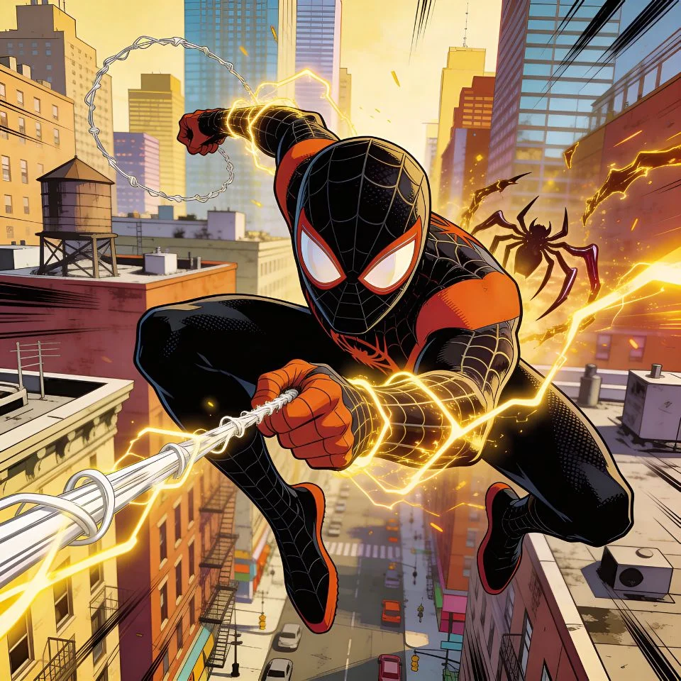 Dynamic spider man pfp of Miles Morales swinging through city with motion blur for action-packed Instagram profiles