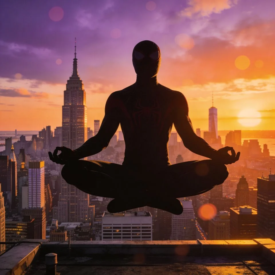 Gaming spider man pfp from PS4 during golden hour sunset on rooftop for atmospheric Instagram profiles