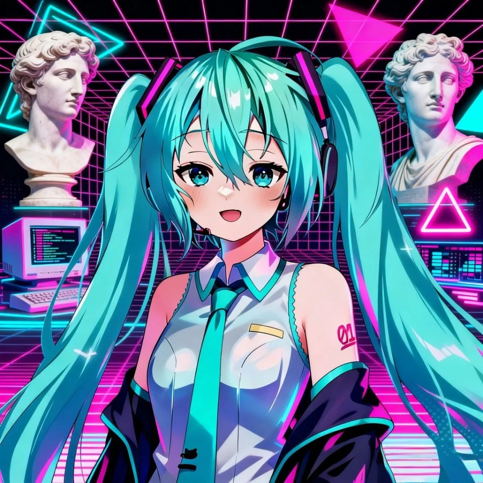 vaporwave-miku-pfp-neon-pink-cyan-grid-aesthetic Vaporwave miku pfp with neon pink and cyan colors over digital grid for aesthetic TikTok and Discord avatars