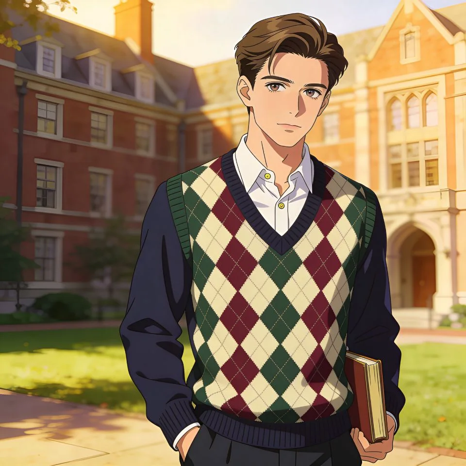 vintage-preppy-boy-pfp-argyle-sweater-ivy-league Vintage preppy boy pfp with argyle sweater and Ivy League aesthetic showing classic style for Discord TikTok avatars